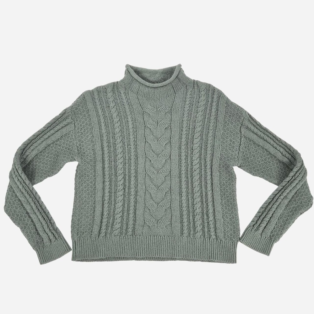 Jcrew cozy green roll neck cotton Cable Knit pullover sweater